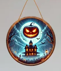 8" Pumpkin & Haunted House Acrylic Suncatcher